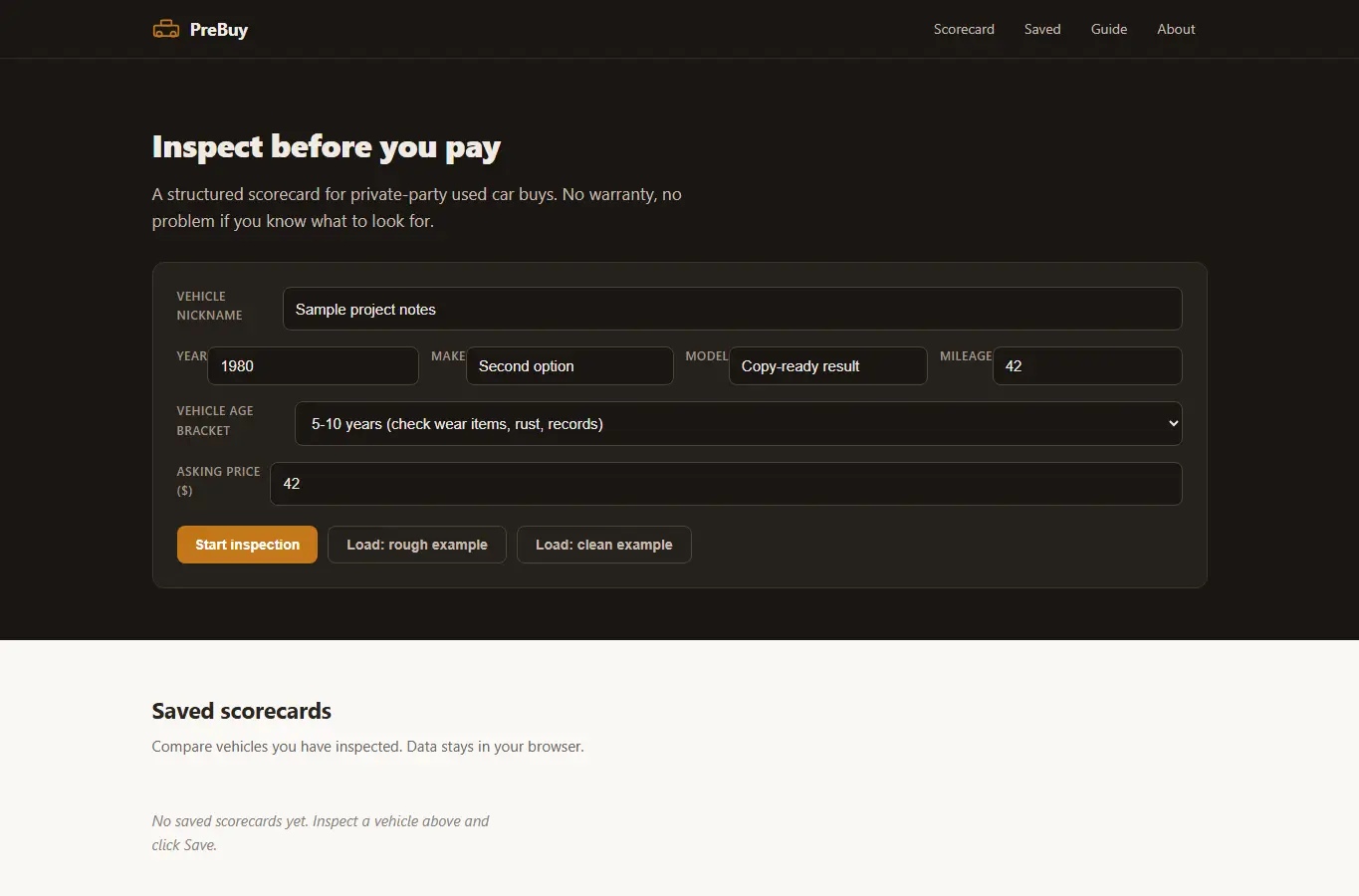 Screenshot of PreBuy: Used Vehicle Inspection Scorecard interface showing the project page in use